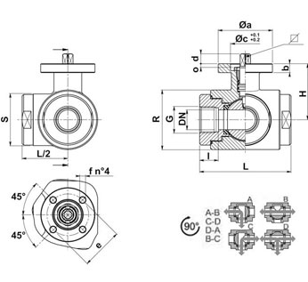 Three Way Ball Valve 4 Seals with T-port Dimension Diagram