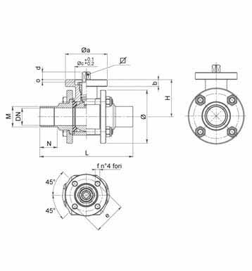 Flange Actuator Butt Weld 3PC Ball Valves Dimension Diagram